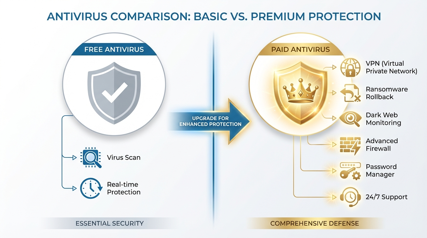 Free antivirus vs paid antivirus comparison — features and protection levels