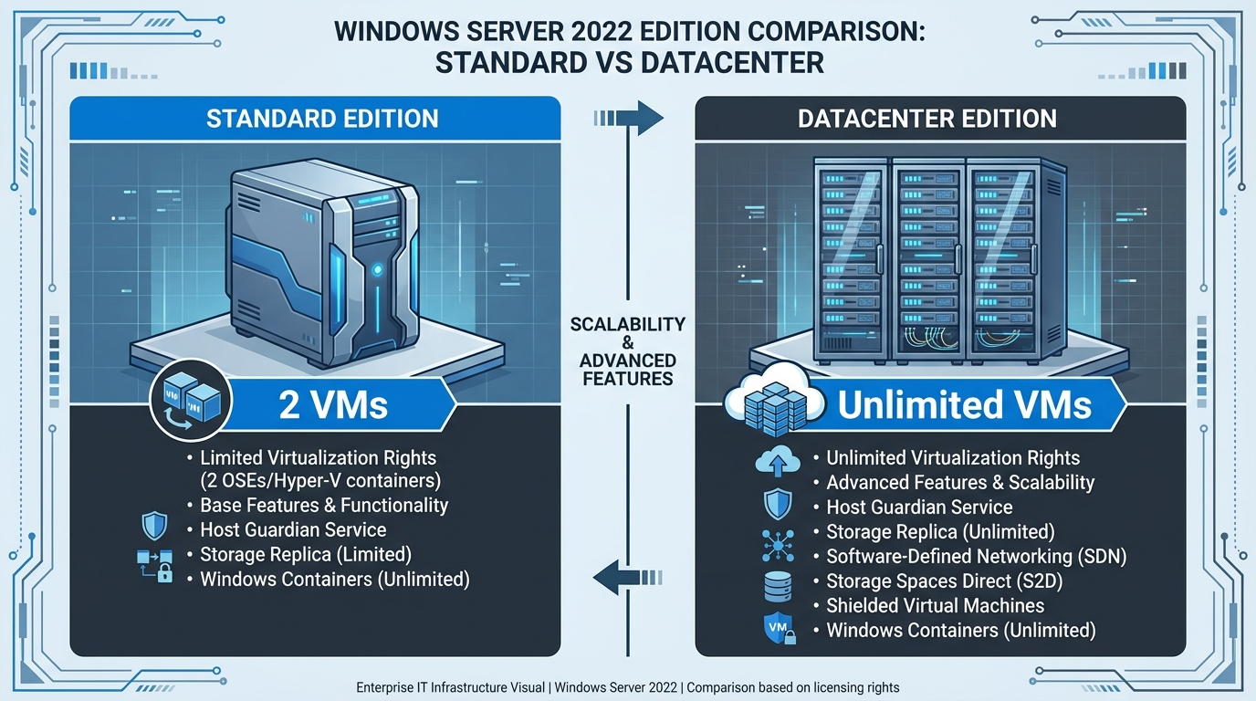 Windows Server 2022 Datacenter vs Standard comparison