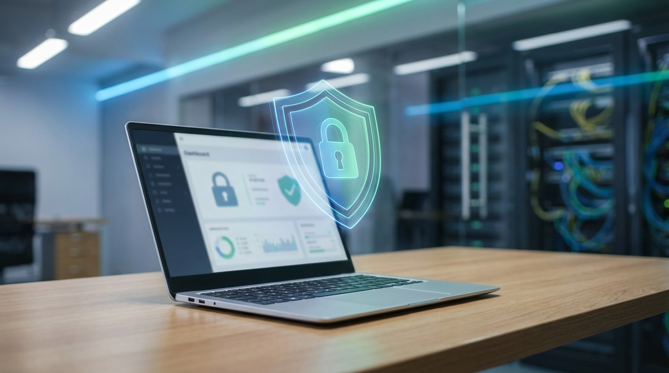 Computador com escudo digital representando protecao antivirus