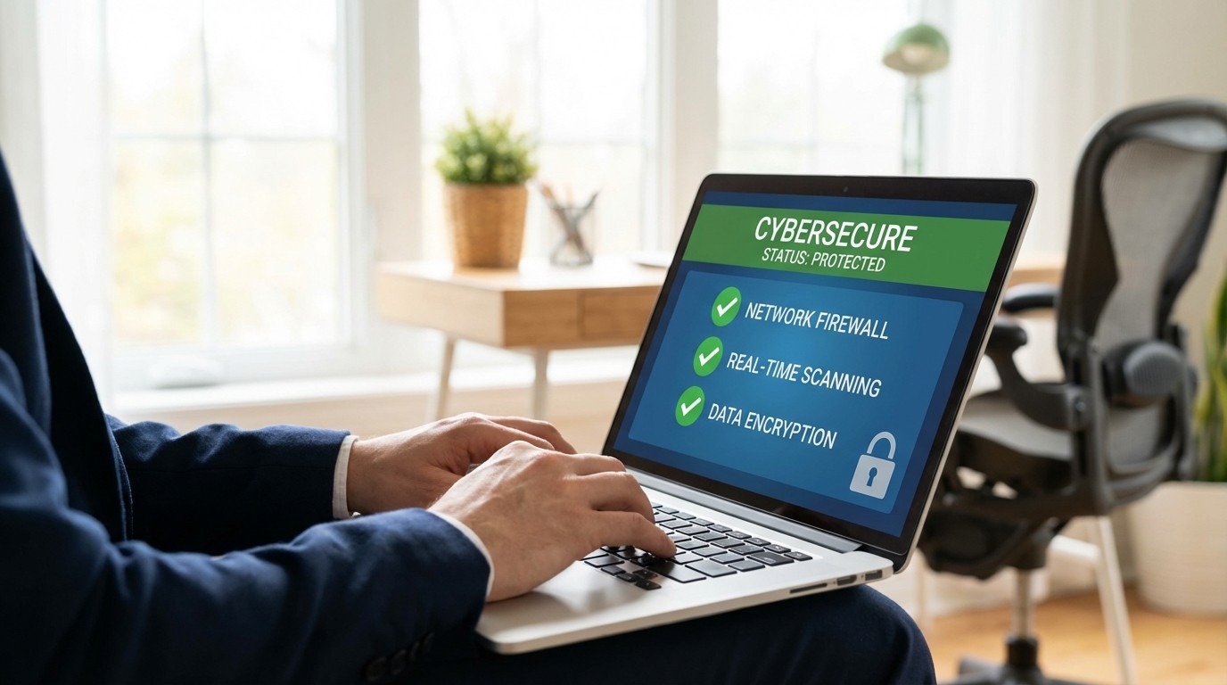 Utilizador a trabalhar no computador protegido por software de seguranca com marcas de verificacao verdes