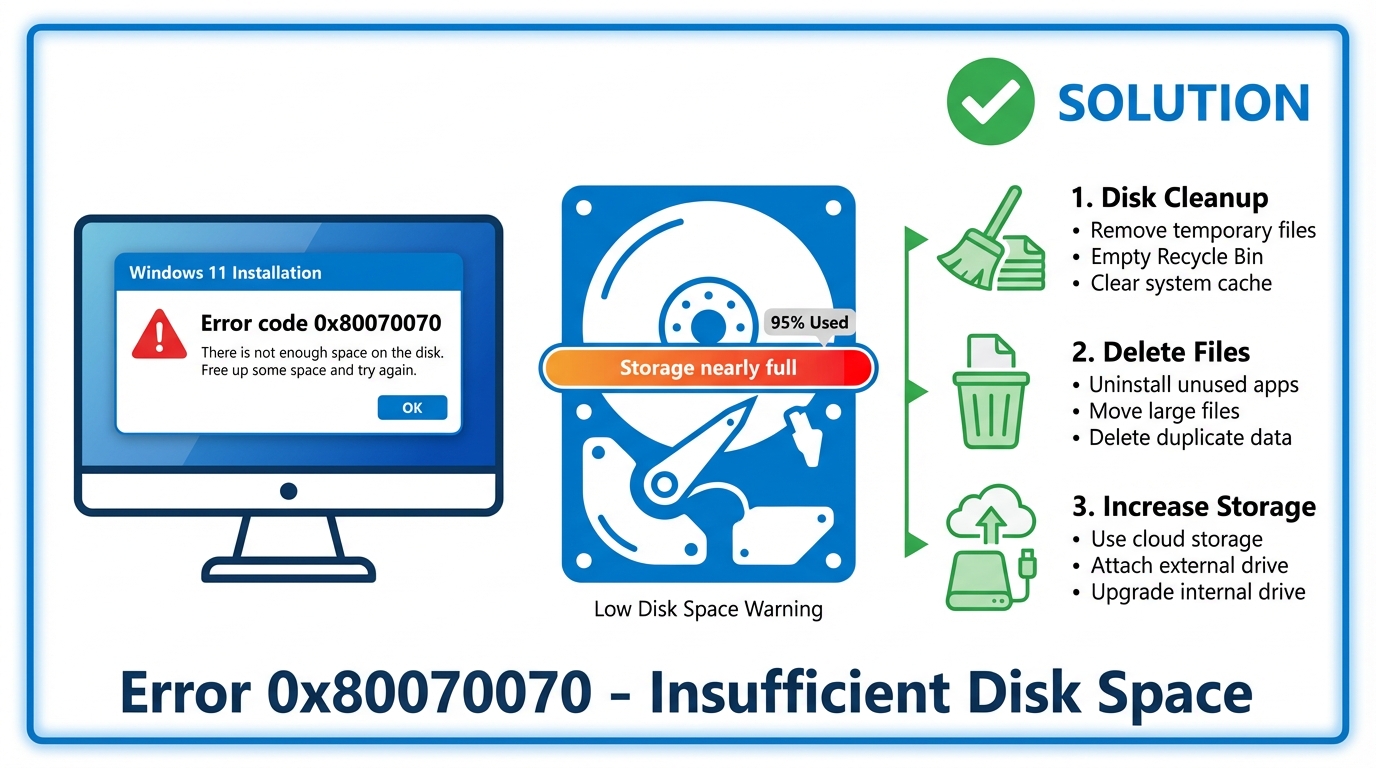 Error 0x80070070 al instalar Windows 11 - Guia de solucion para espacio en disco insuficiente