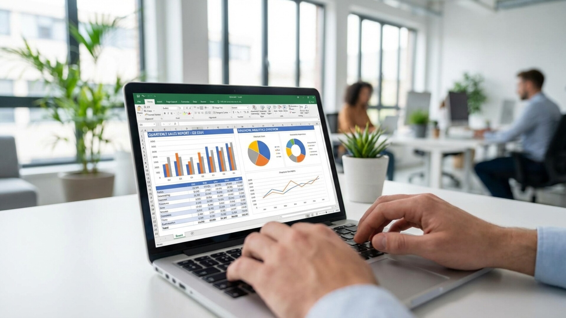 Ecran de laptop affichant une feuille de calcul Excel avec graphiques et donnees