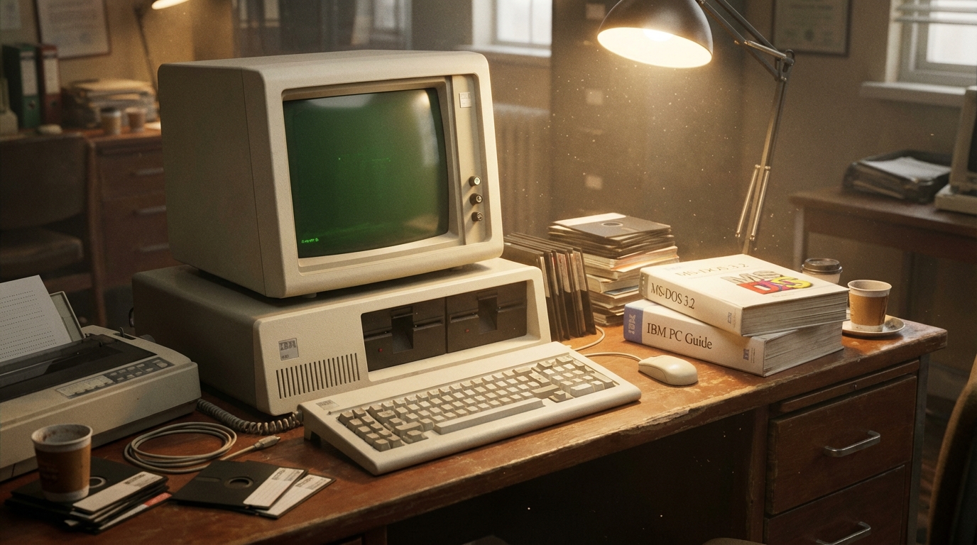 Vintage 1980s IBM PC with green phosphor monitor displaying MS-DOS