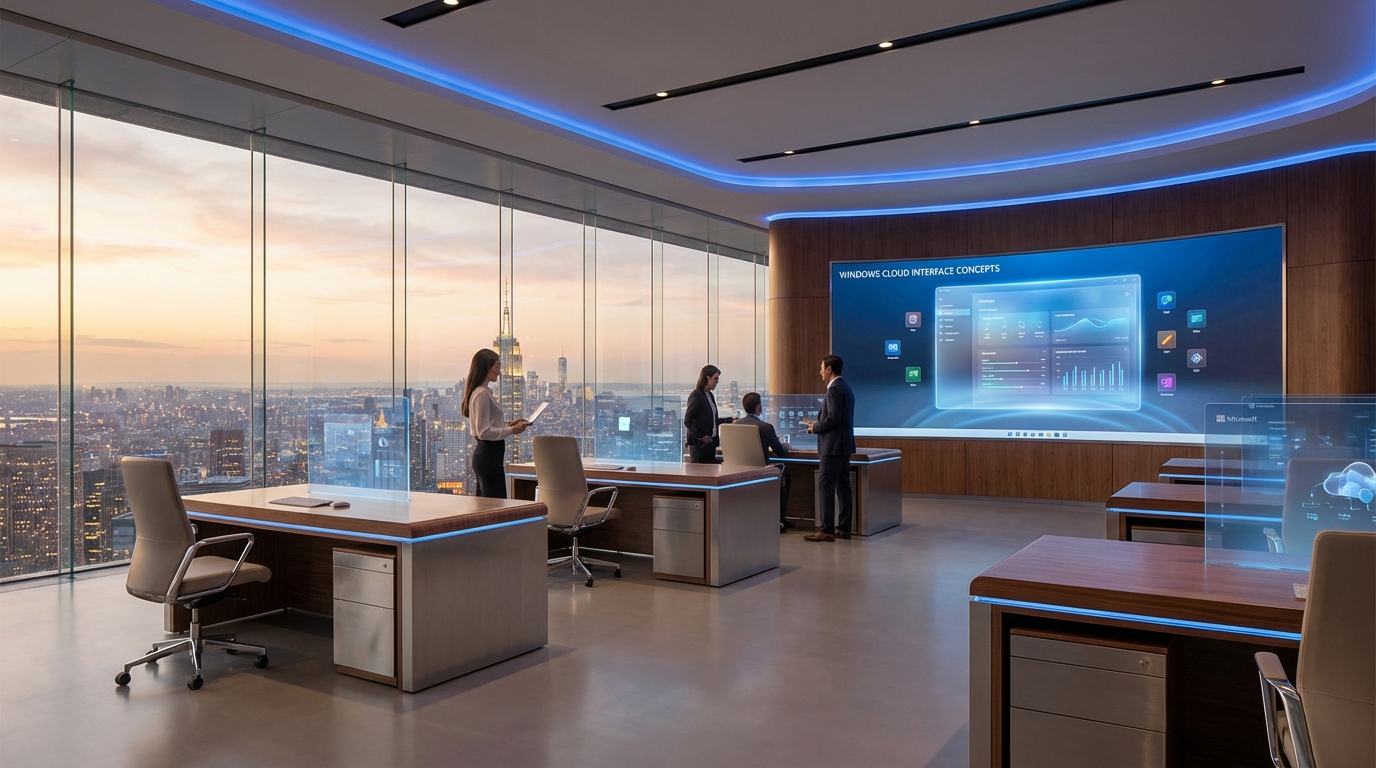 Futuristic office with holographic displays representing cloud-based software licensing future