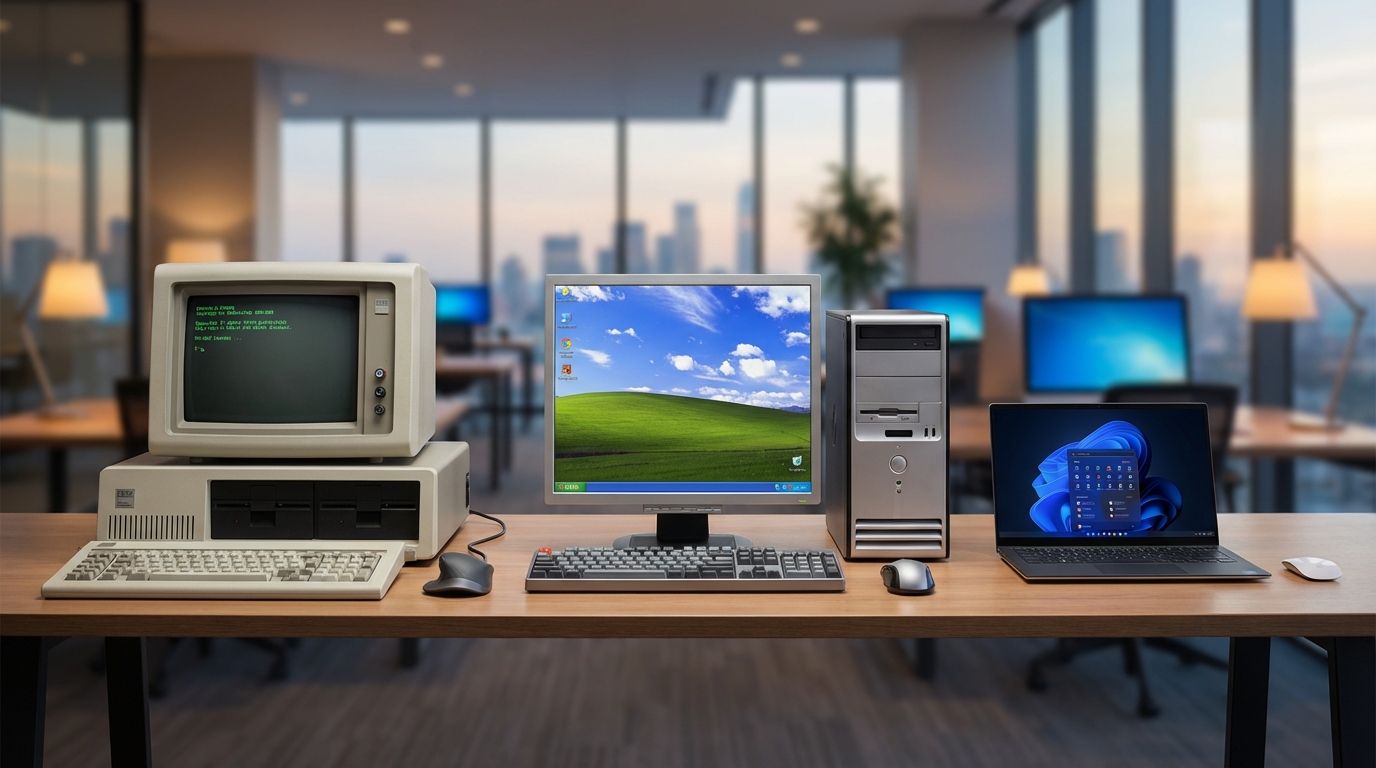 Evolucion de la informatica Microsoft desde DOS hasta Windows 11 mostrando diferentes generaciones de PCs