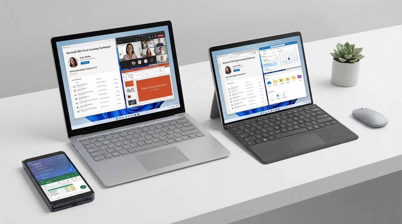 Modern Microsoft ecosystem with Surface laptop, tablet, and smartphone showing Windows 11
