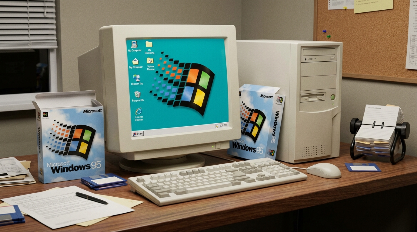 Windows 95 desktop displayed on CRT monitor with retail box visible