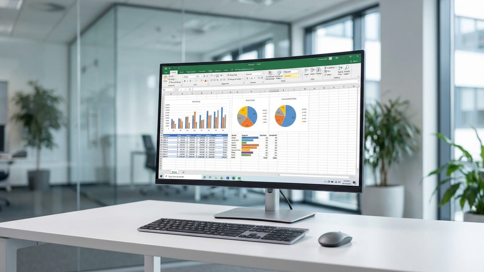 Ecran de bureau montrant Excel avec graphiques et donnees dans un environnement de bureau professionnel