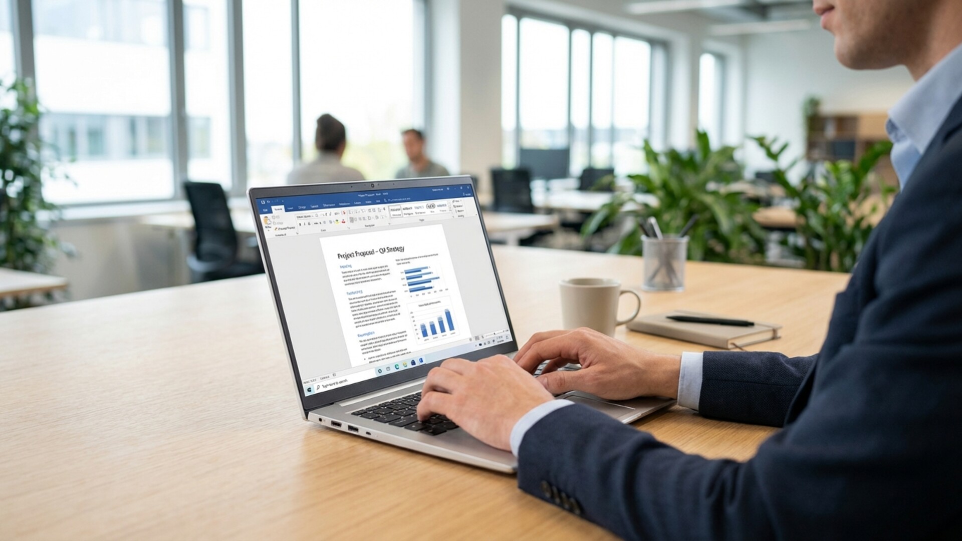 Professionnel travaillant avec Microsoft Office sur ordinateur portable montrant un document Word