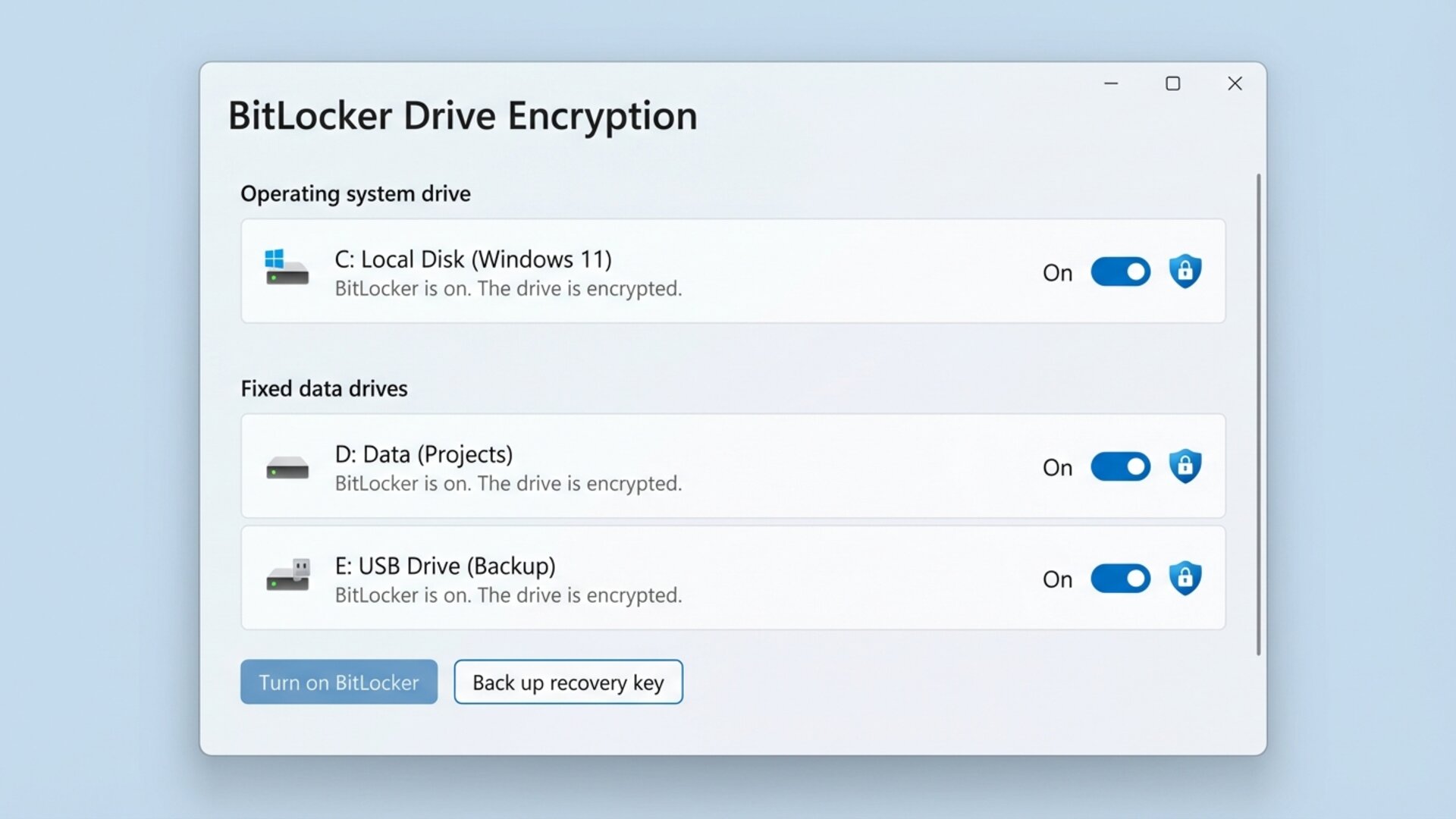 Panel de control de BitLocker en Windows 11 mostrando opciones de encriptacion