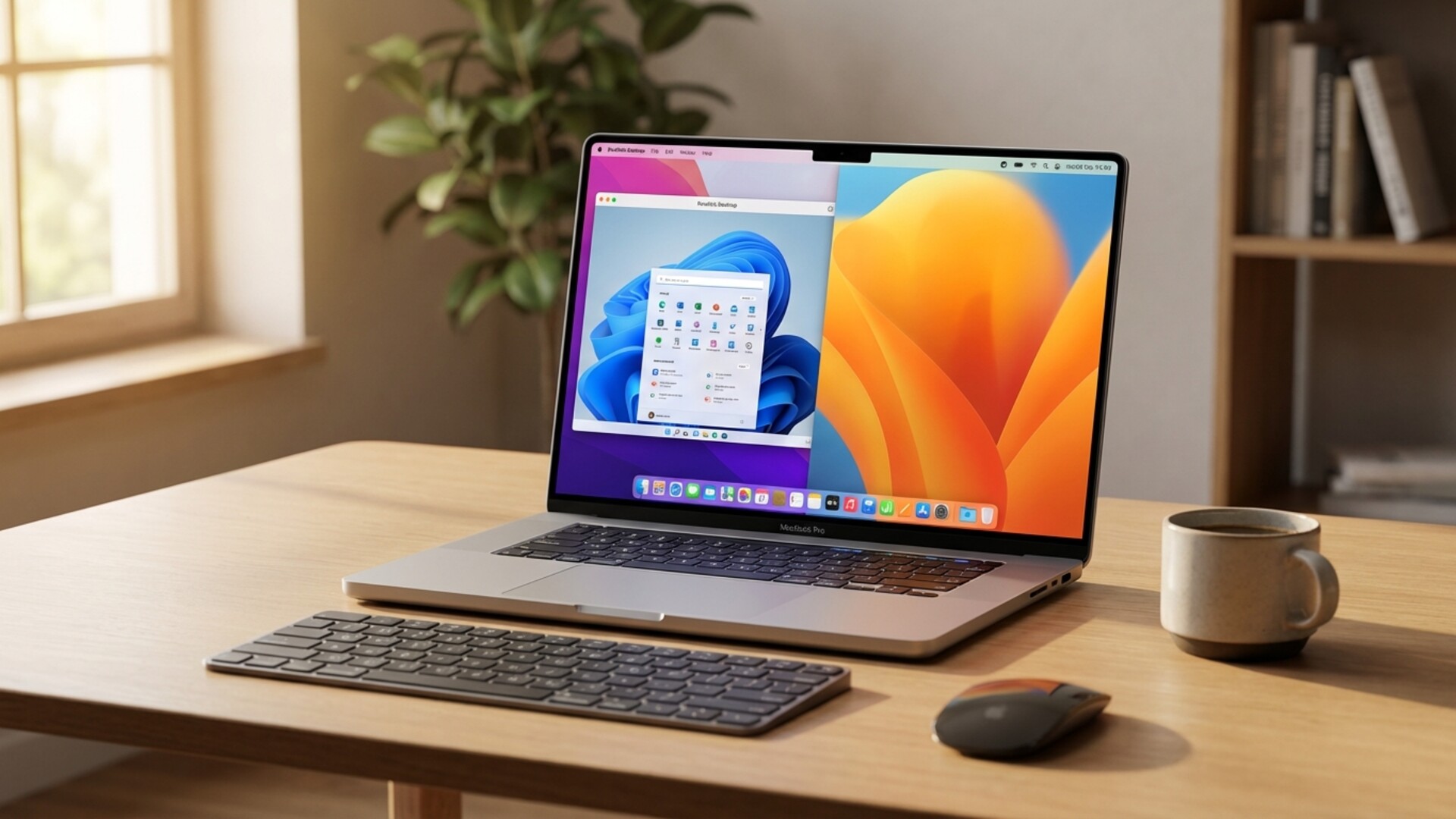 MacBook Pro ejecutando Parallels Desktop con Windows y macOS lado a lado