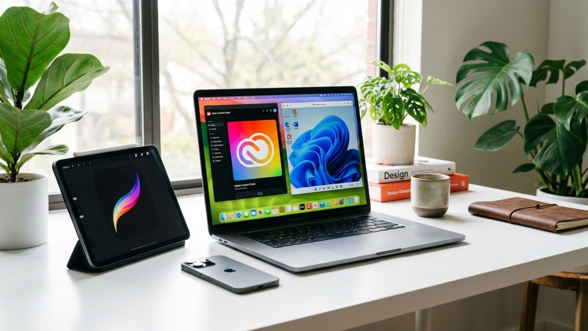 Espacio de trabajo profesional creativo con Mac ejecutando software de virtualizacion mostrando aplicaciones de Windows