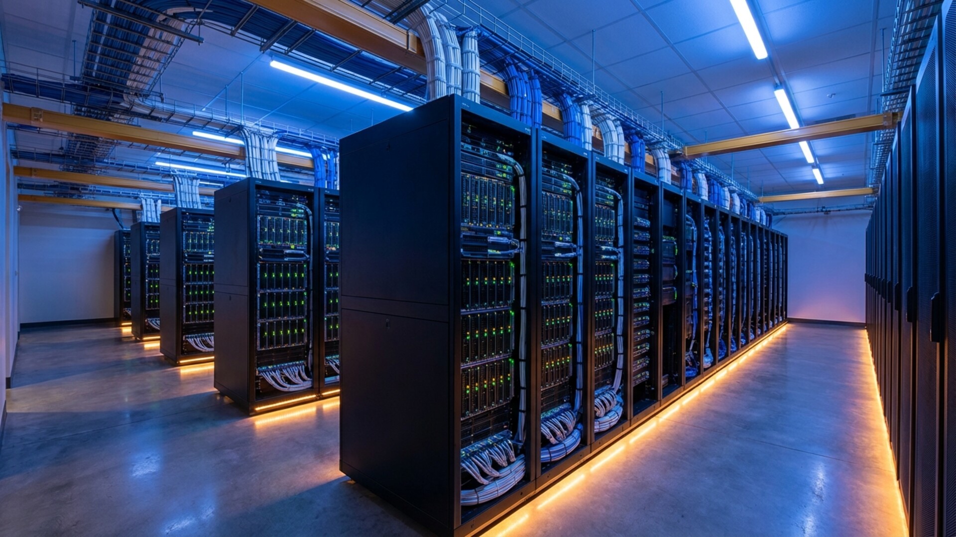 Sala de servidores de centro de datos empresarial moderno con iluminacion LED azul y racks de servidores ejecutando sistemas de bases de datos SQL Server