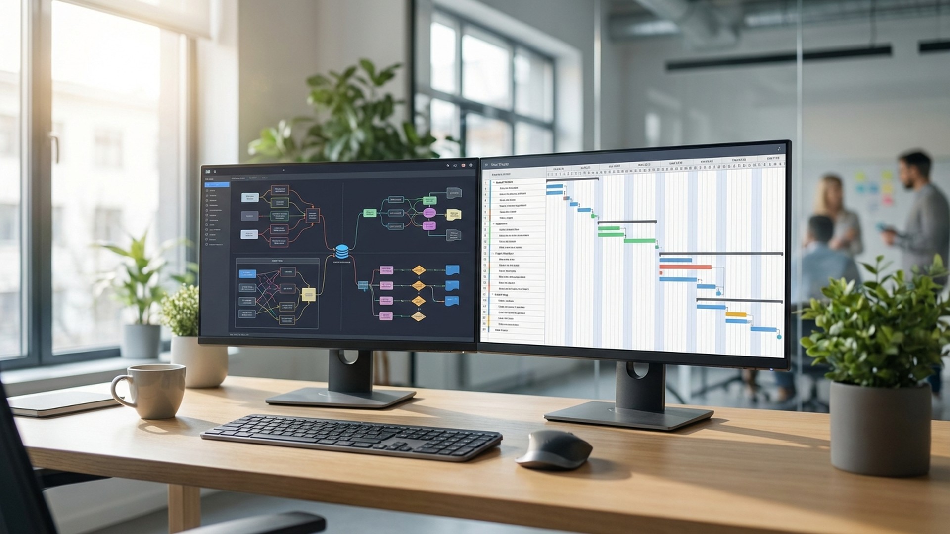 Bureau professionnel avec deux ecrans affichant des diagrammes Visio et un diagramme de Gantt Project