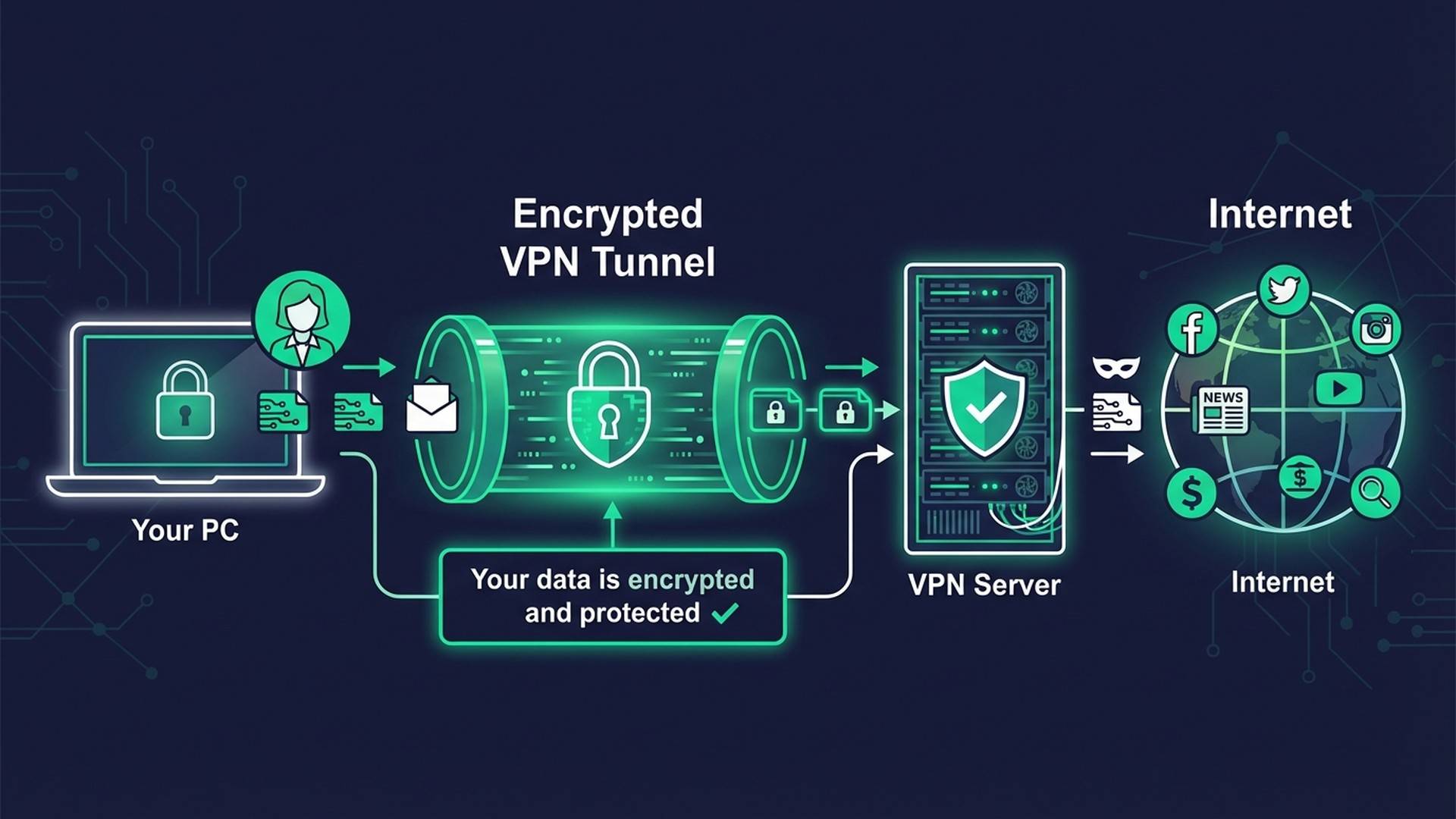 Schema VPN montrant le tunnel chiffre entre le PC et le serveur VPN