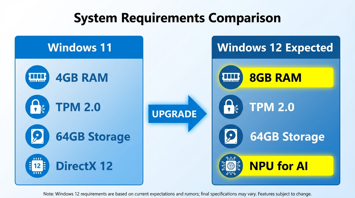 Infografico comparativo dos requisitos de sistema Windows 11 vs Windows 12