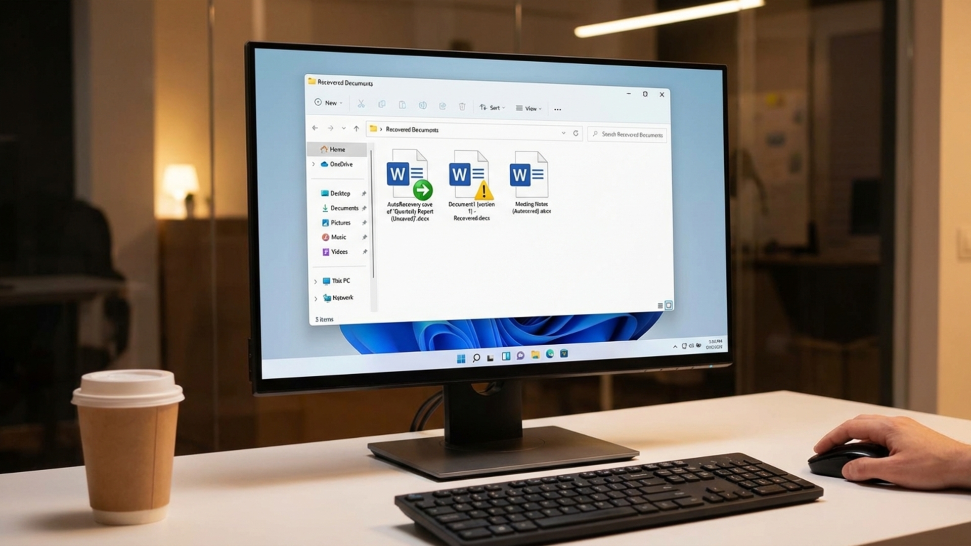 Windows File Explorer showing Word AutoRecover and temporary document files for recovery