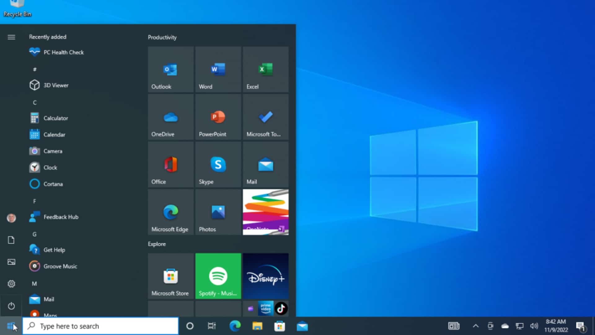 Start Menu of Windows 10 Pro