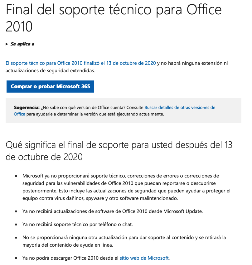End of technical support for Office 2010